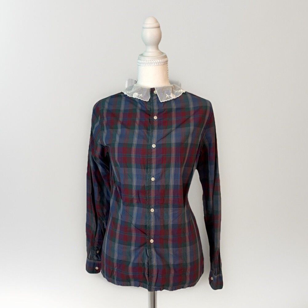 Vintage The Enterprise Plaid Lace Collar Blouse Cottagecore Preppy USA